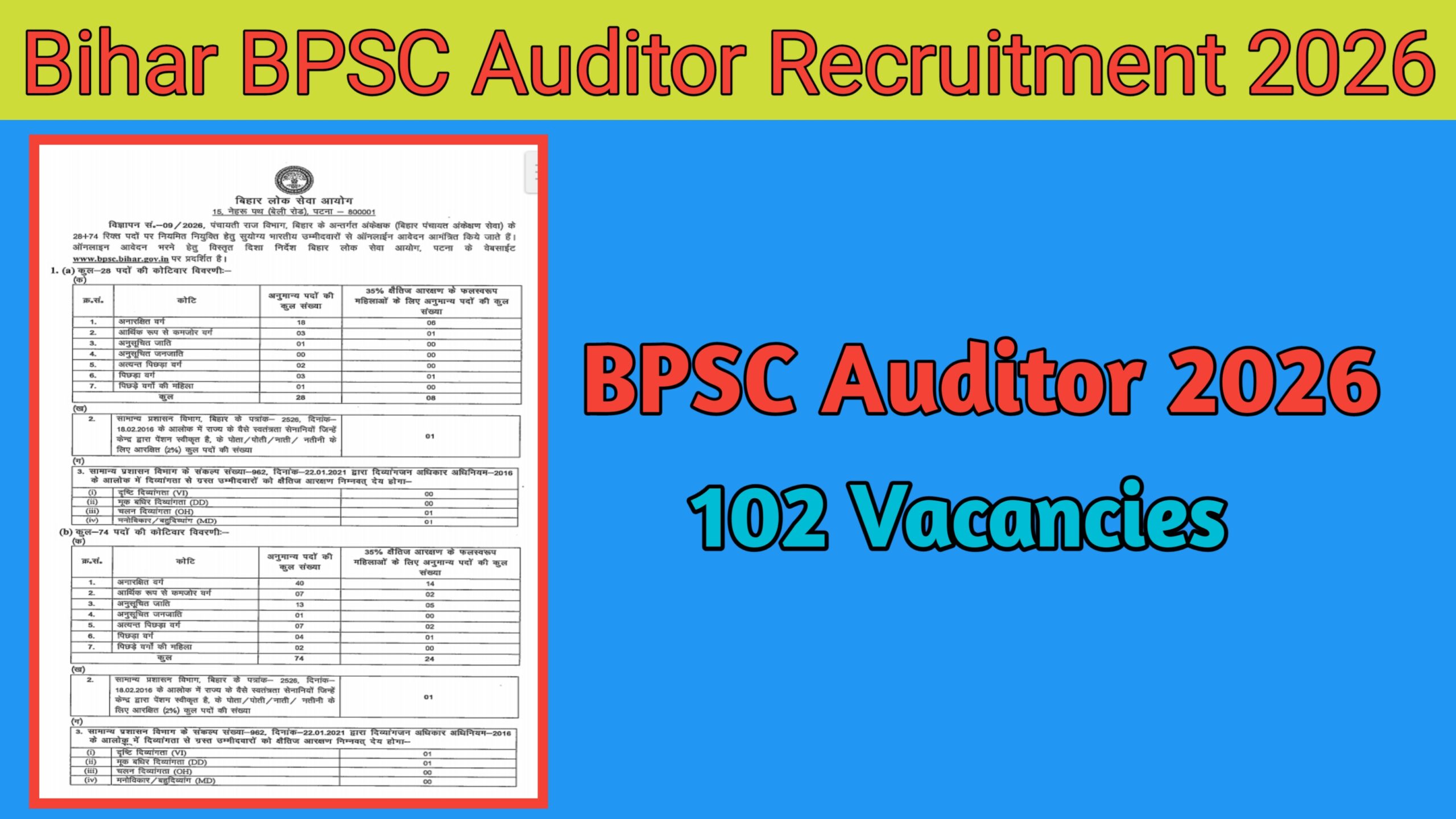 Bihar BPSC Auditor Recruitment 2026 notification with 102 vacancies apply online